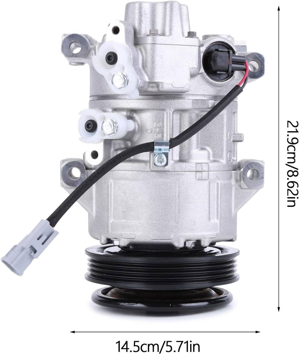 A/C compressor assembly with black serpentine pulley and wiring harness, front view with measurements