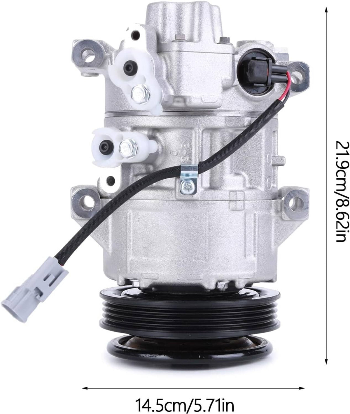 A/C compressor assembly with black serpentine pulley and wiring harness, front view with measurements