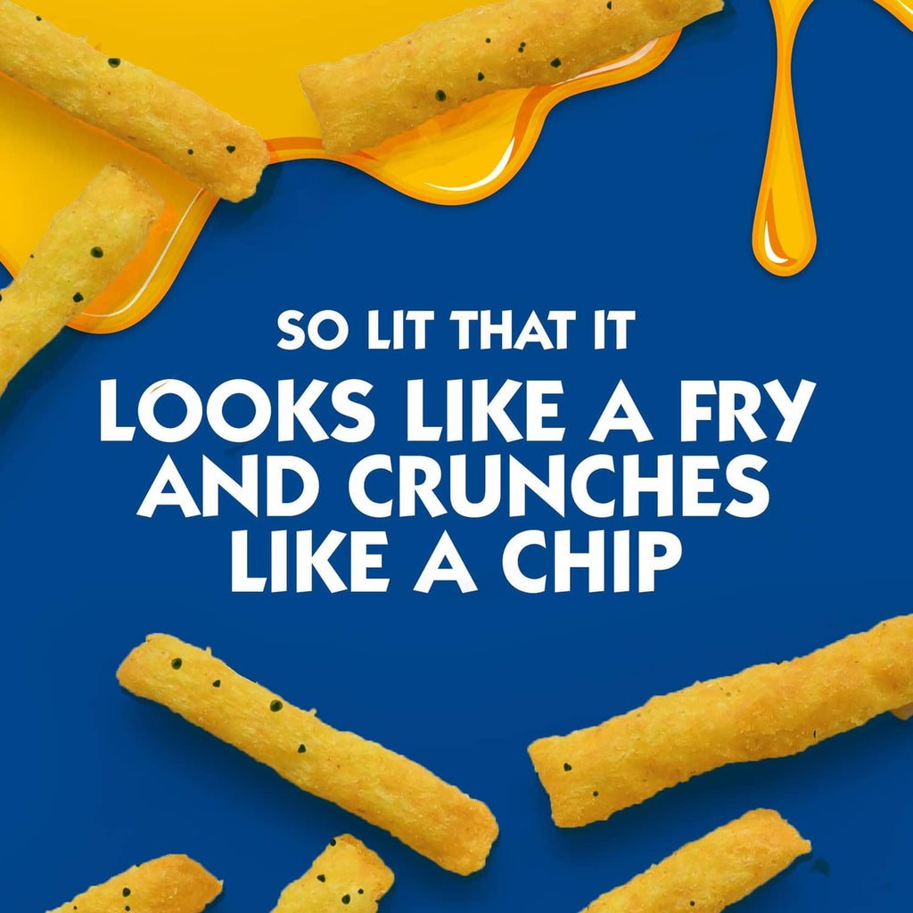 Cheddar Fries snack graphic with fry sticks and text about crunching like a chip