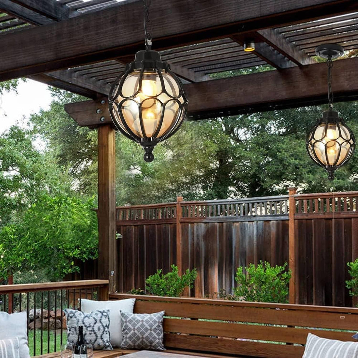 Outdoor patio hanging pendant light with black lantern glass shade on chain