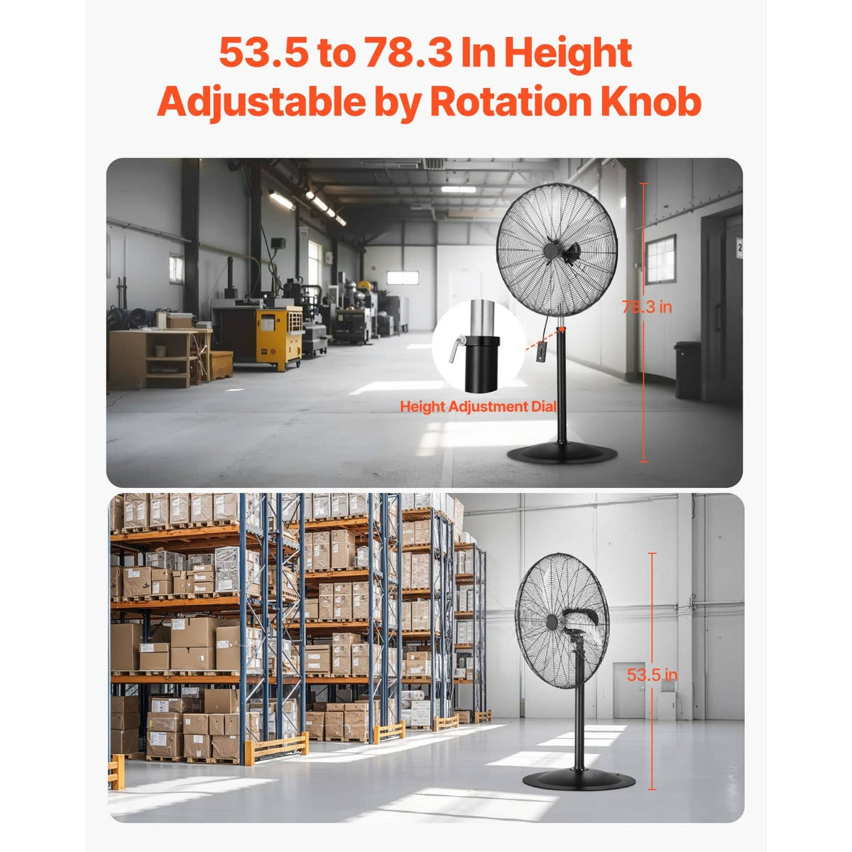 Adjustable-height pedestal fan with rotating height dial and round floor base