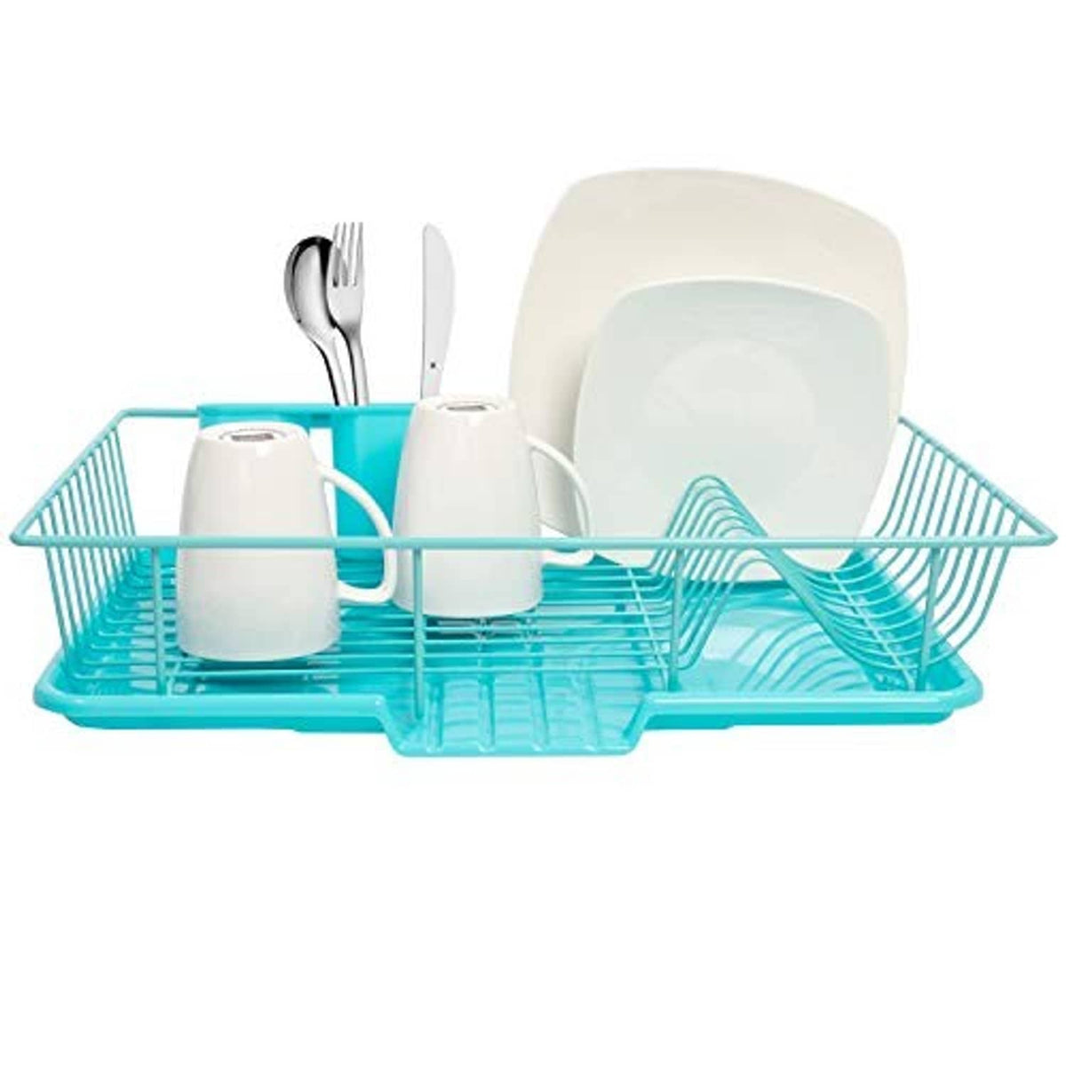 Turquoise dish rack drainer with drying board, white mugs and plates, front view
