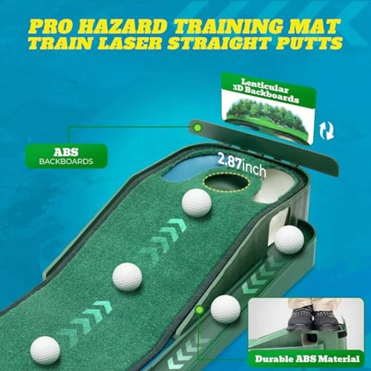 Green golf hazard training putting mat with raised ramp, target hole, dotted aiming zone, and balls.