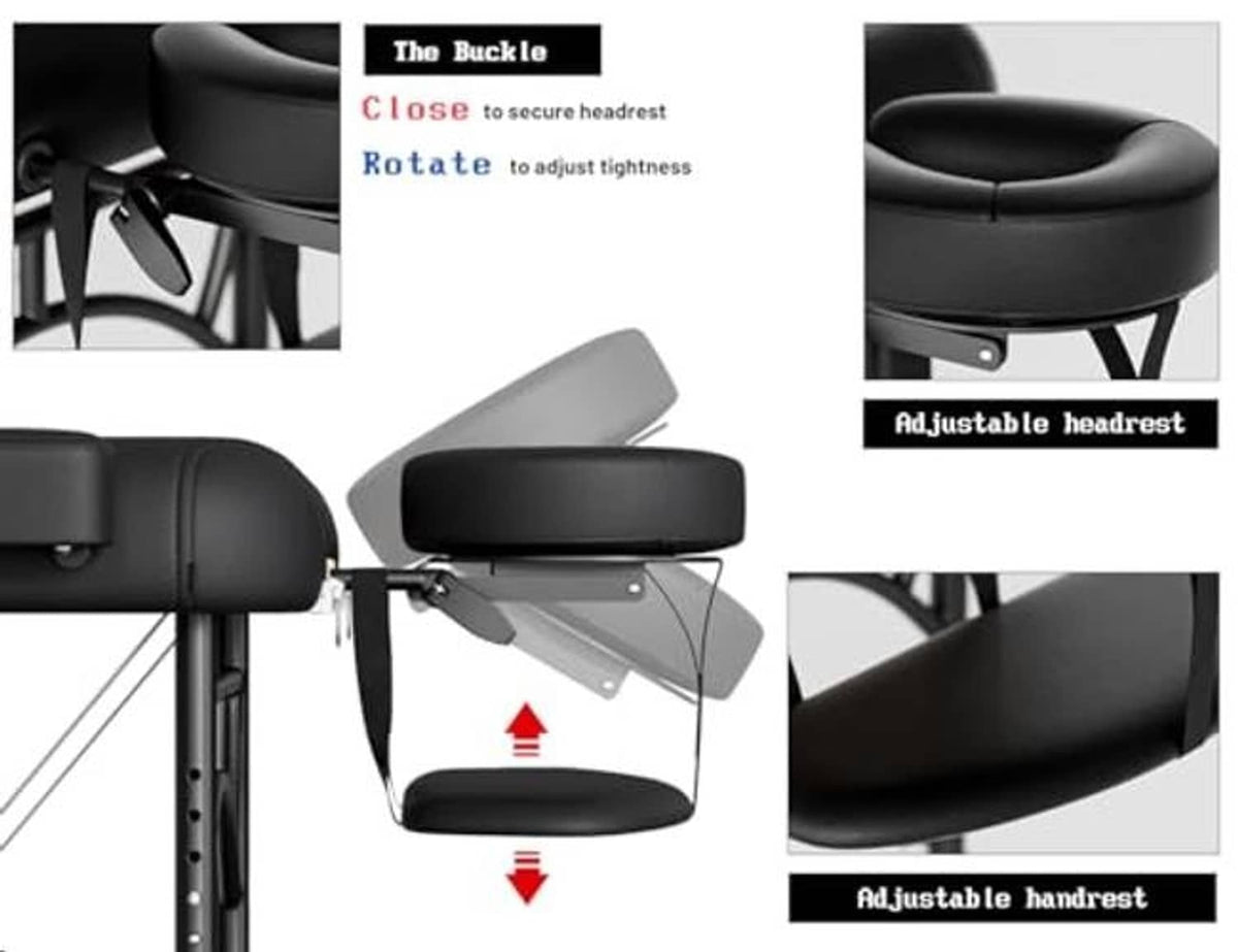 Massage table headrest with adjustable buckle and padded support; close-up views of components