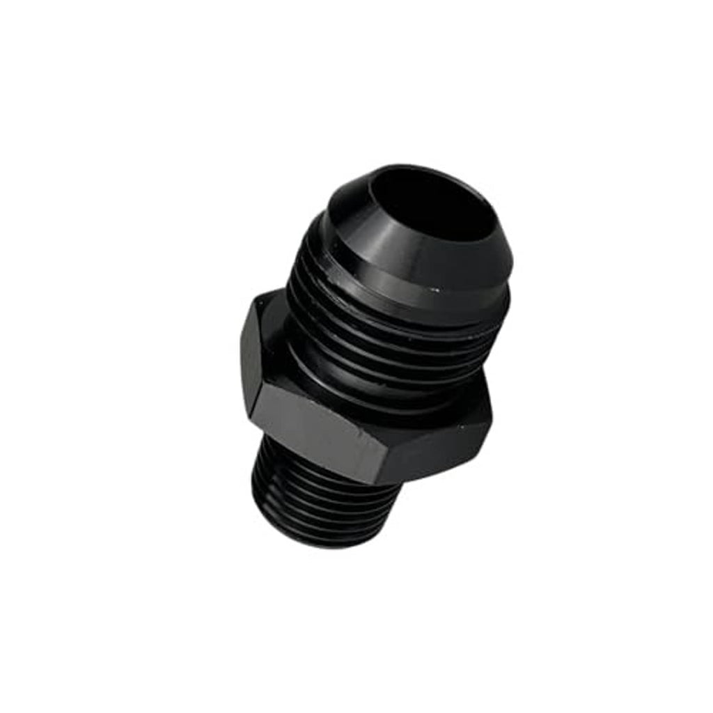 Black AN10 male flare to 3/4 NPT straight connector, side 3D view