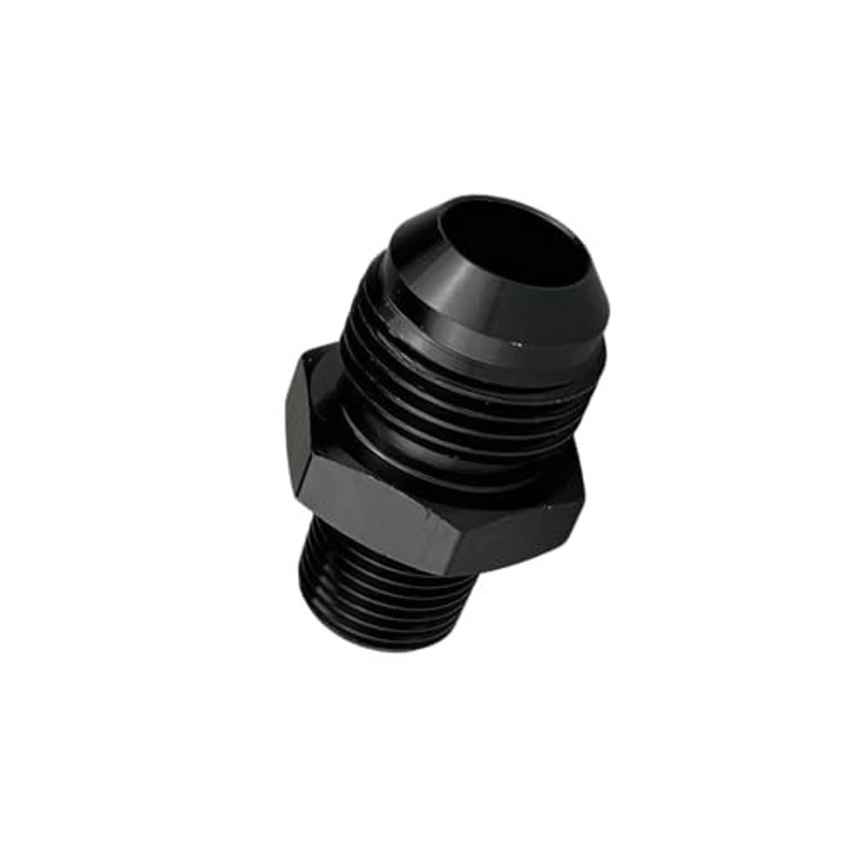 Black AN10 male flare to 3/4 NPT straight connector, side 3D view
