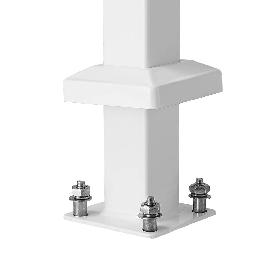 White stair handrail base plate with mounting bolts and lower posts