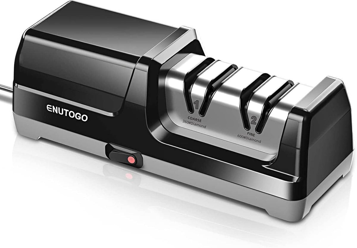 ENUTOGO electric knife sharpener, black base with metal front sharpening guides