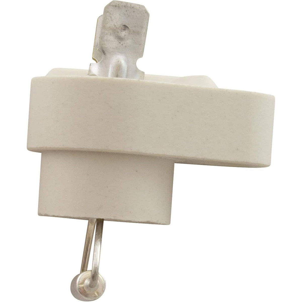 White thermal cut-off fuse with flat housing and two silver wire terminals