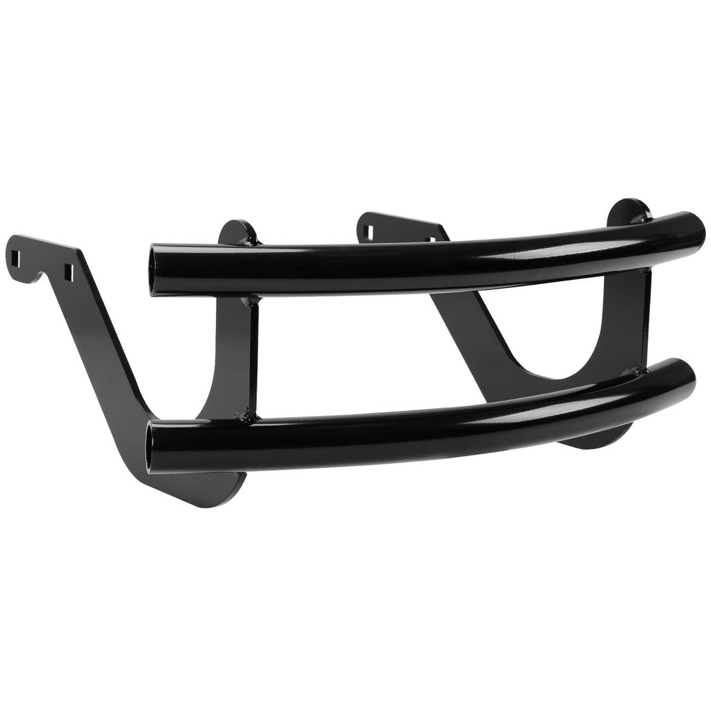 Black front bumper guard with tubular rails and curved side support brackets