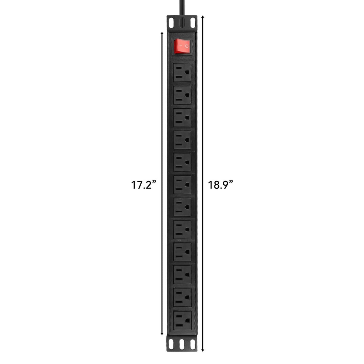 Black rack-mount power distribution unit with red switch and 12 outlet rows