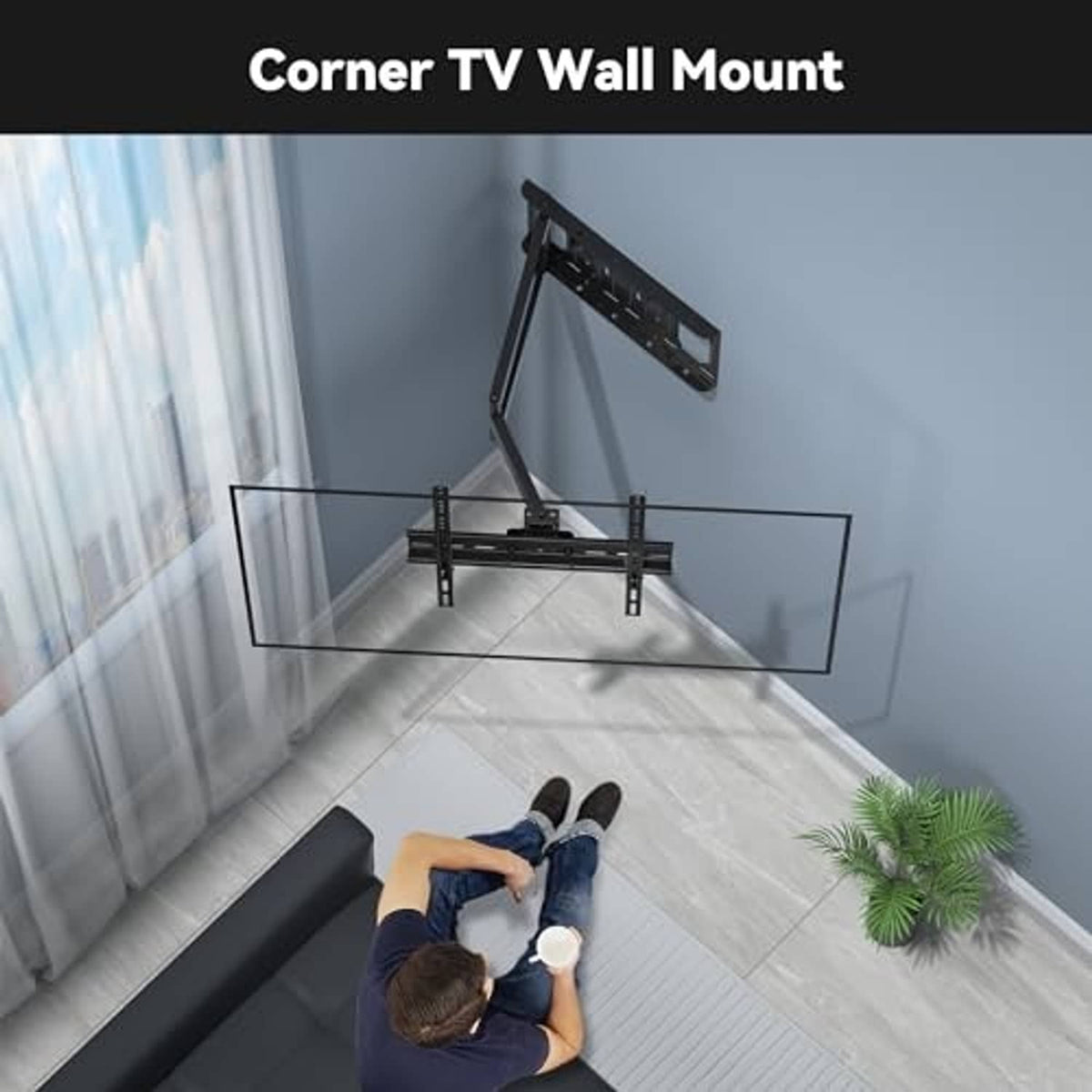 Black corner TV wall mount bracket with long arm and wall plates