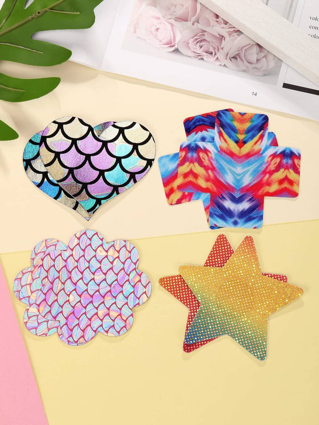 Glitter adhesive nipple covers set: mermaid-scale heart, rainbow star, glitter flower, orange star