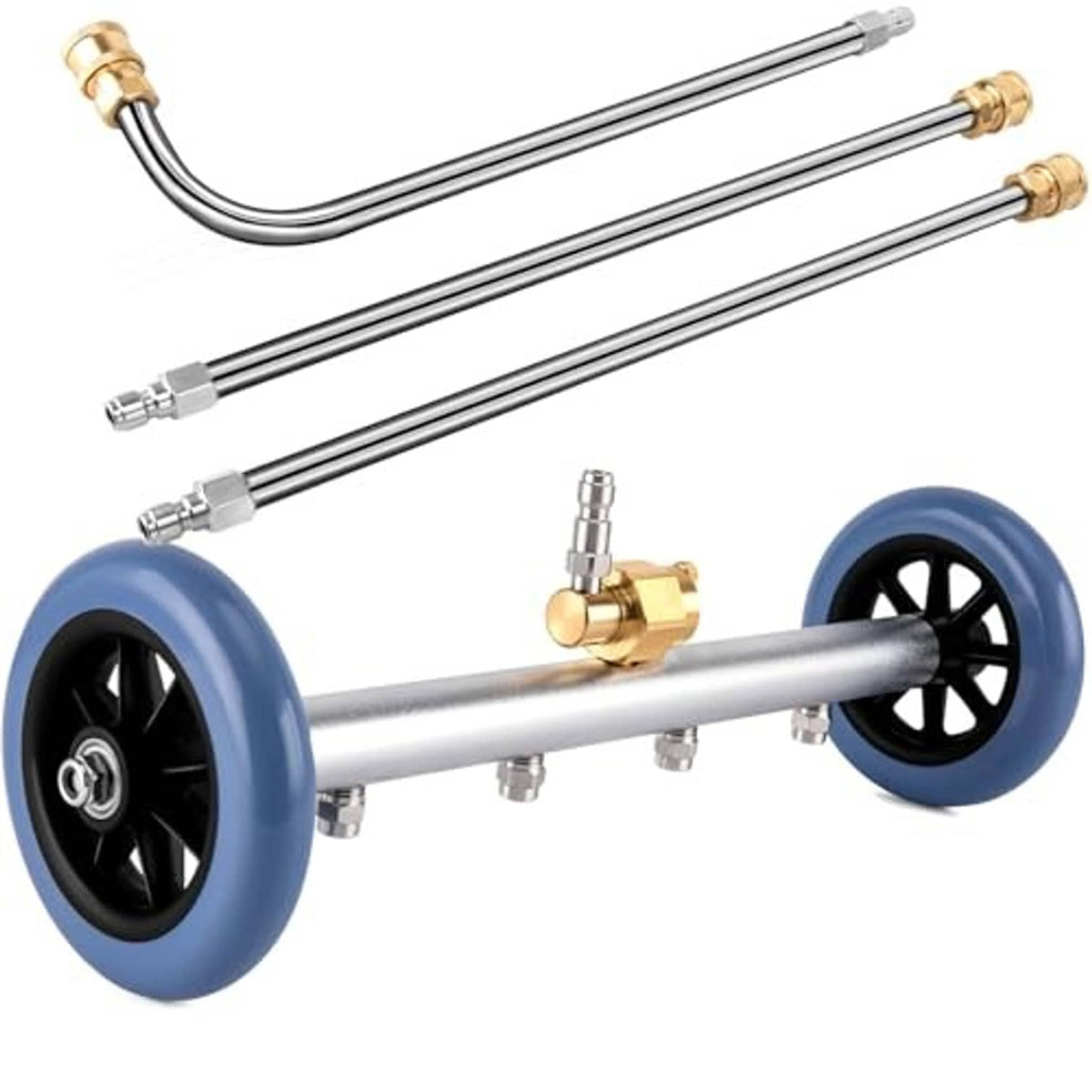 Undercarriage cleaner water broom attachment with two blue wheel carts and brass fittings
