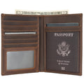 Brown leather passport holder with card slots and embossed “PASSPORT” panel, bi-fold
