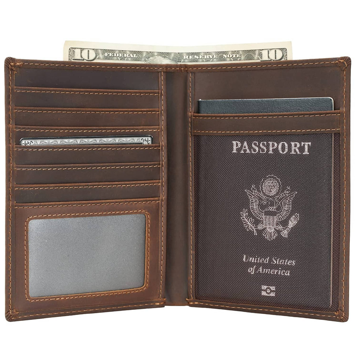 Brown leather passport holder with card slots and embossed “PASSPORT” panel, bi-fold