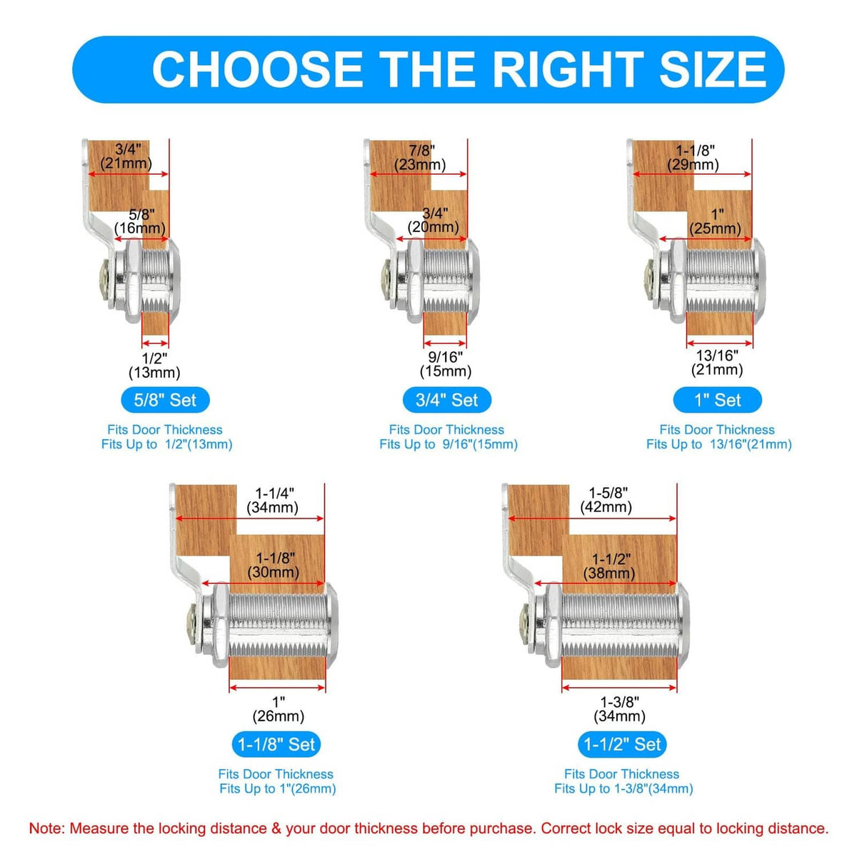 Cabinet lock fit guide showing door thickness and locking distance ranges