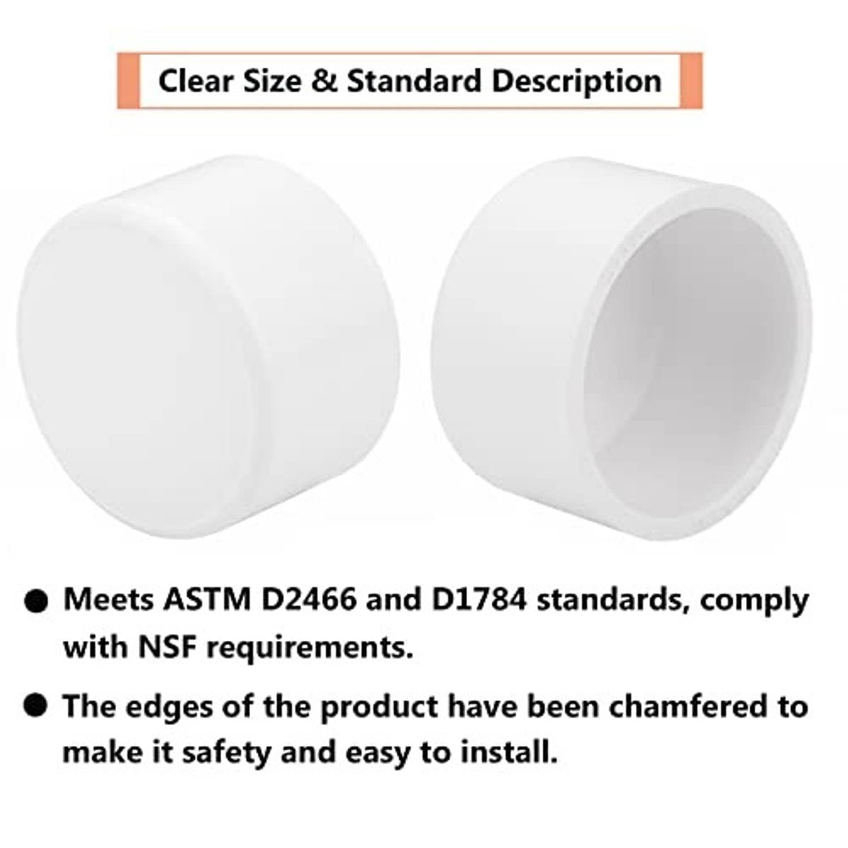 White PVC pipe end caps with chamfered edges and round hollow opening