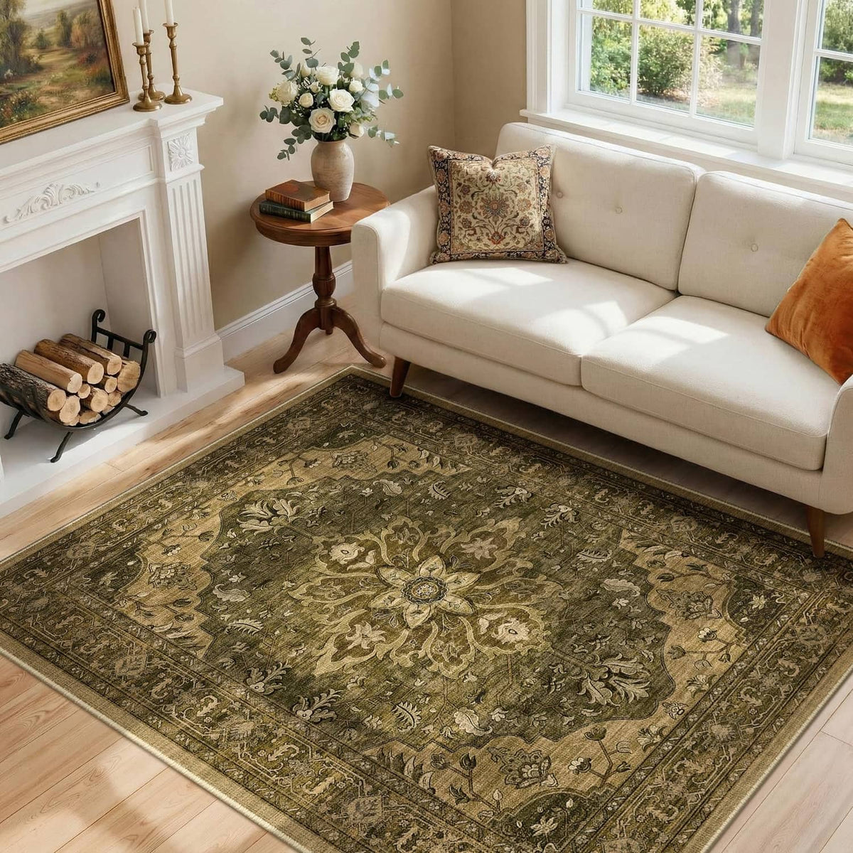 Rectangular area rug with dark green and olive ornamental design, flat woven look