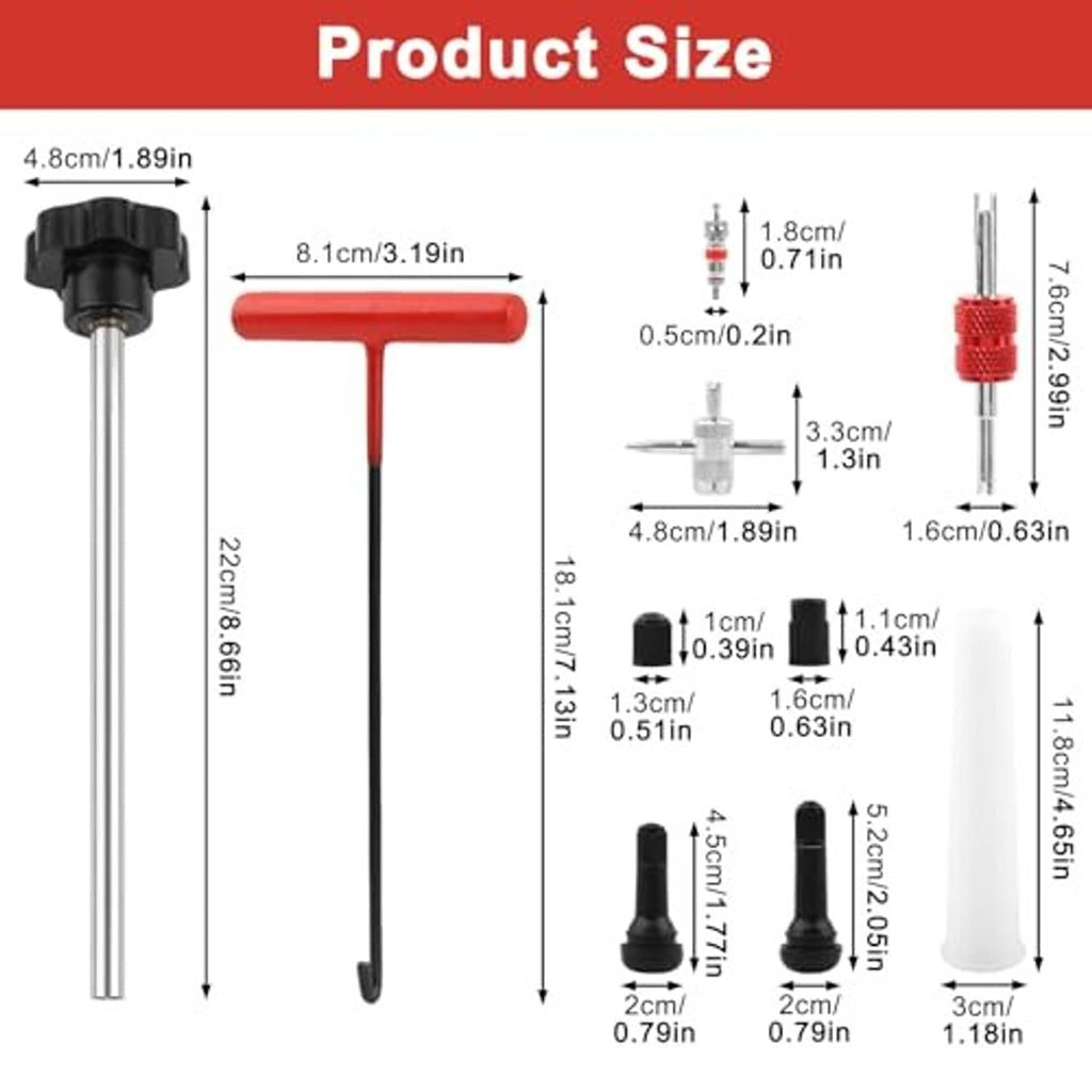 Tire valve tool size chart diagram with measurements for stem puller and inserter