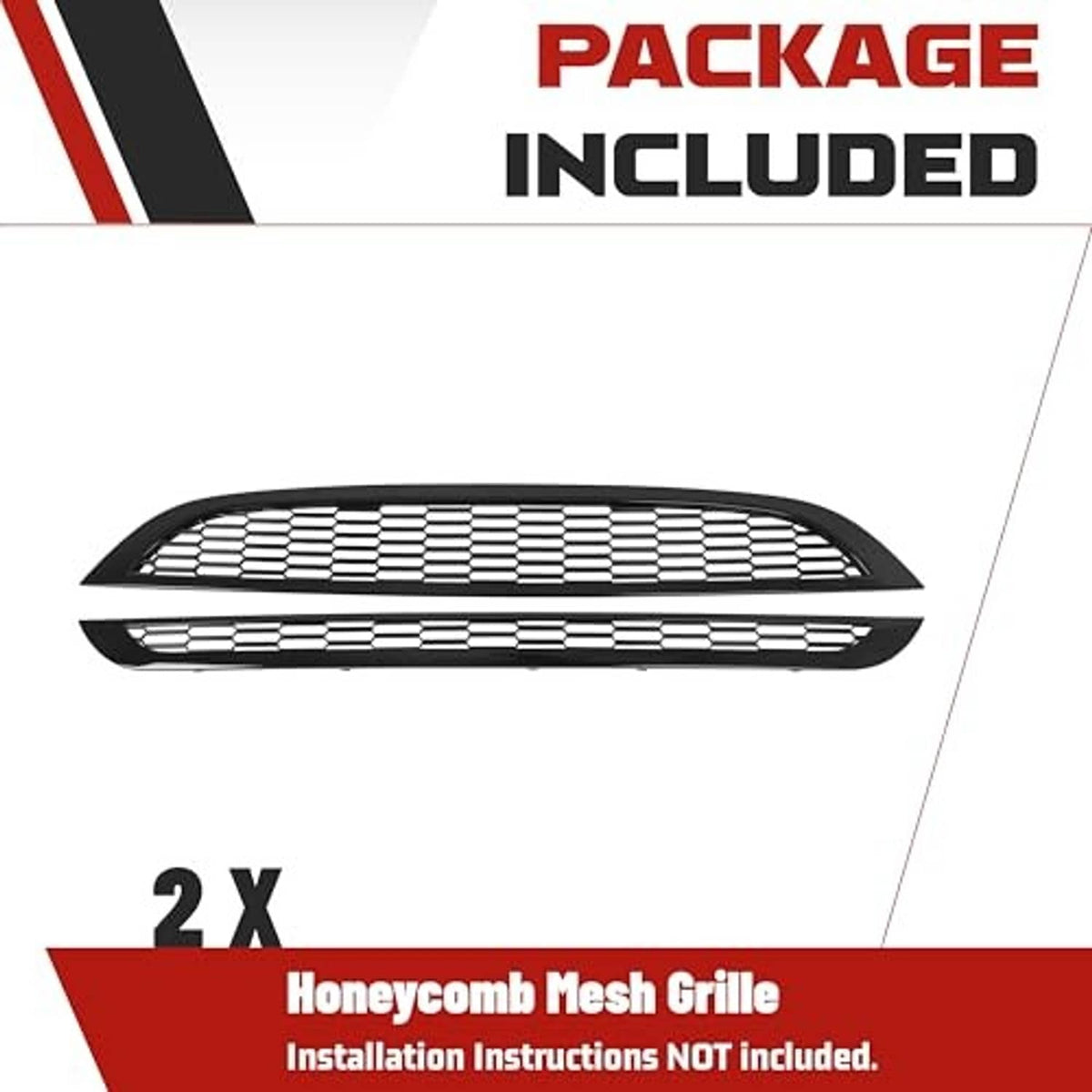 Package view of 2-piece black honeycomb mesh grille inserts kit
