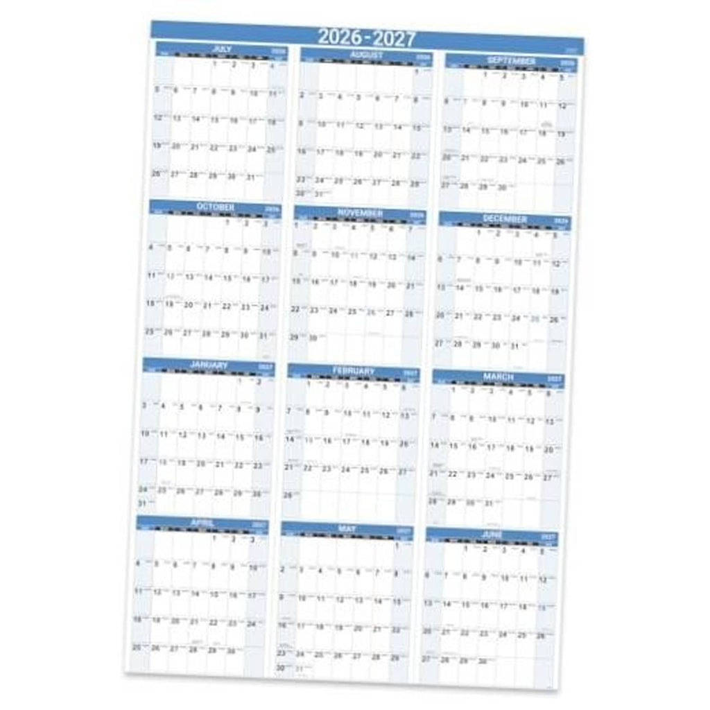 Blue 2026-2027 yearly wall calendar, large monthly grid with date boxes