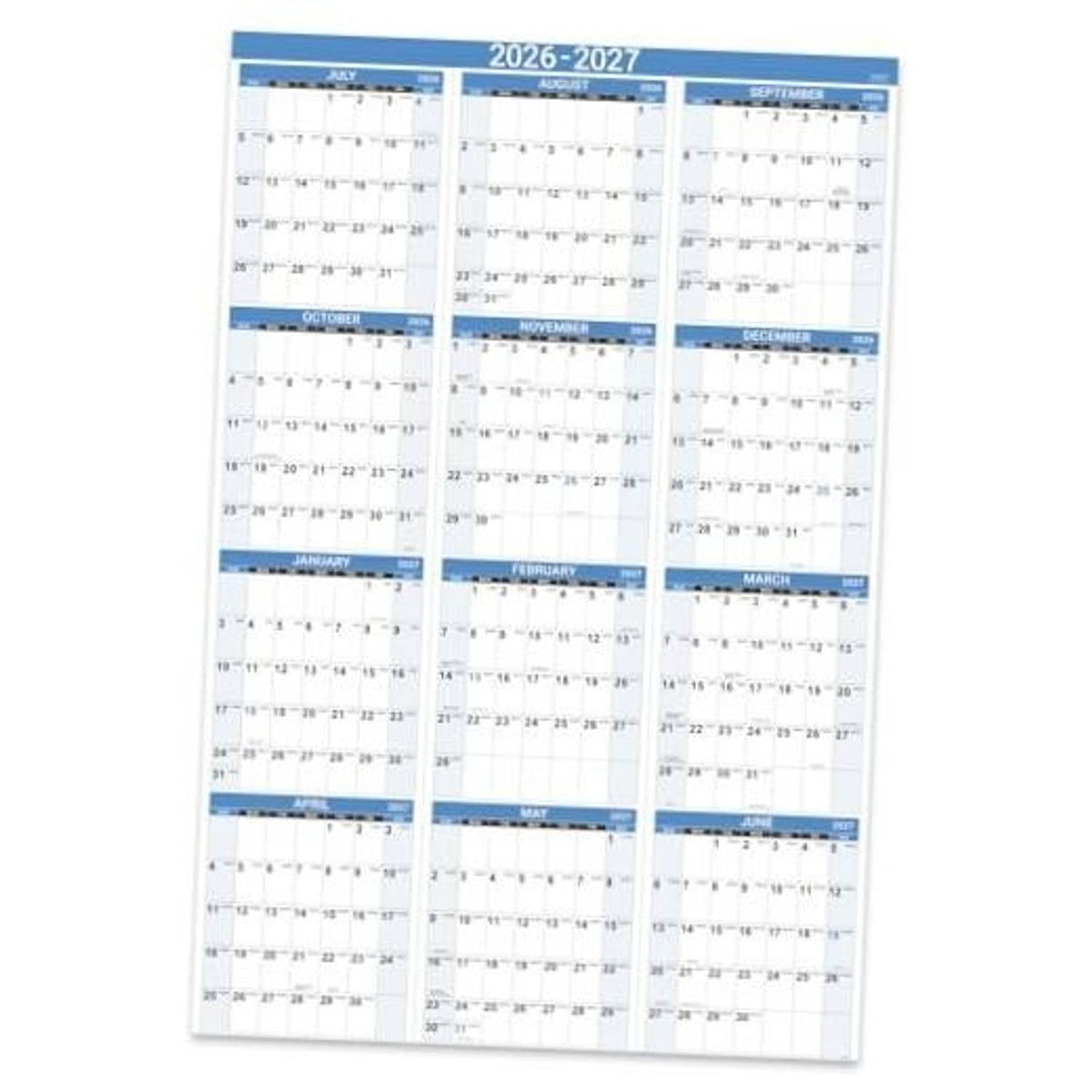 Blue 2026-2027 yearly wall calendar, large monthly grid with date boxes