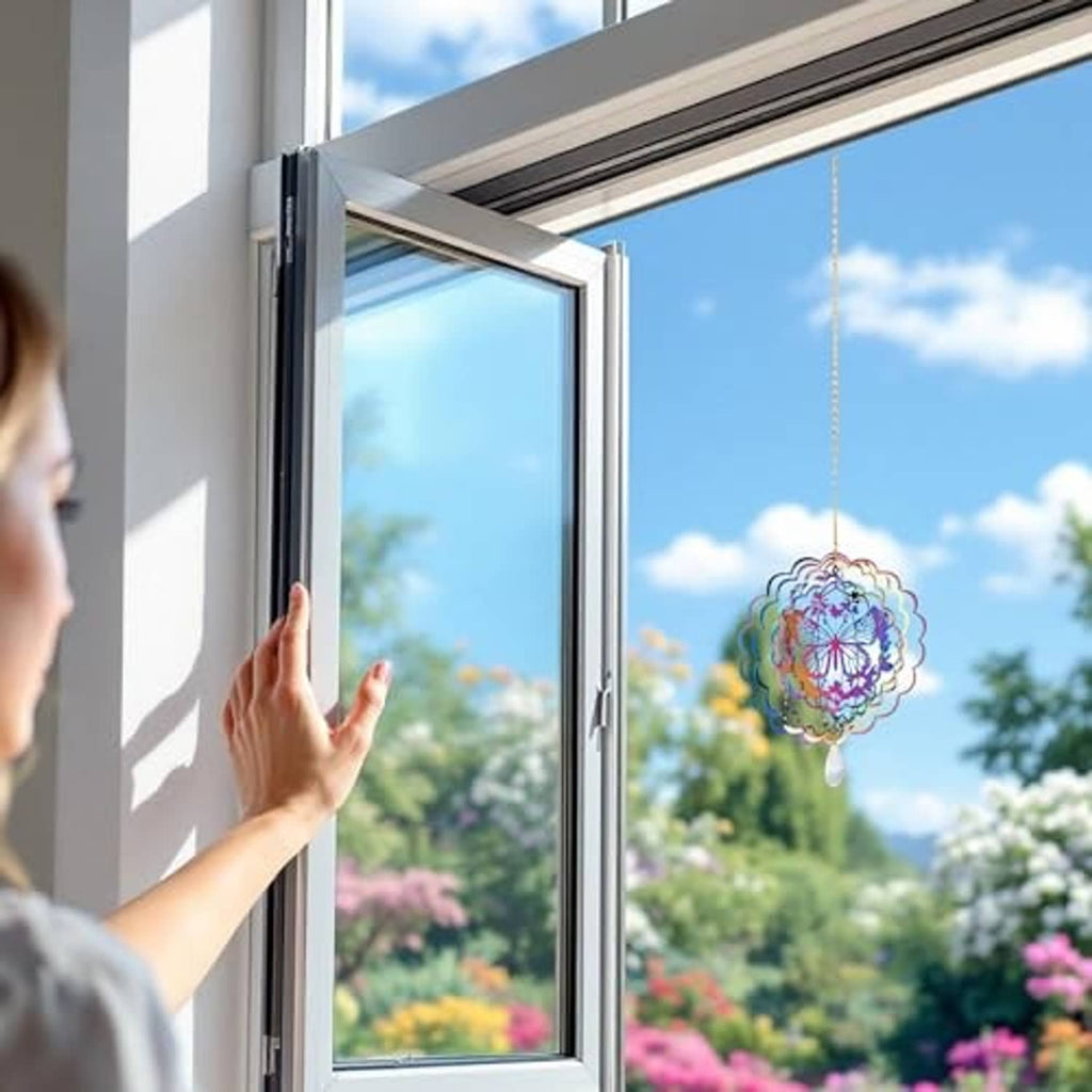 Butterfly window-hanging wind spinner with multicolor reflective disc and crystal drop