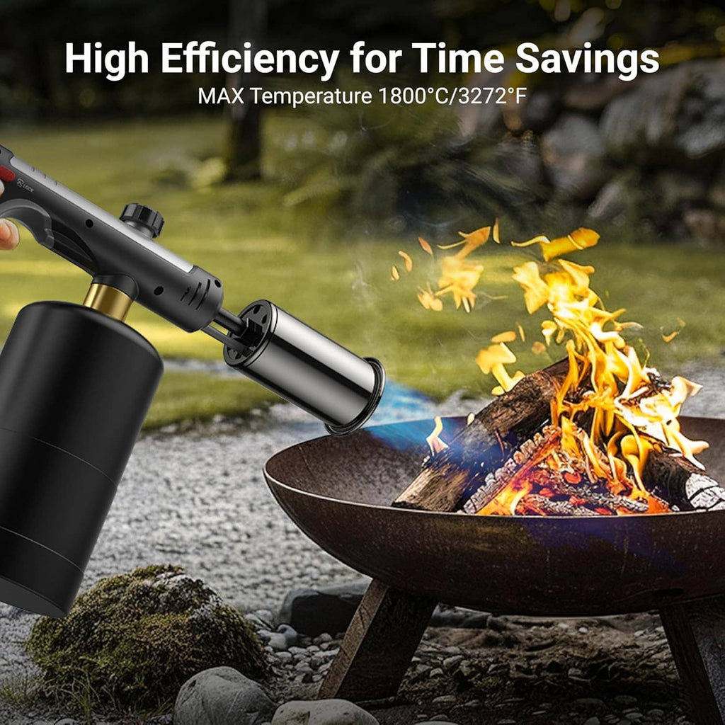 Propane torch igniting a flame over charcoal grill with black burner canister