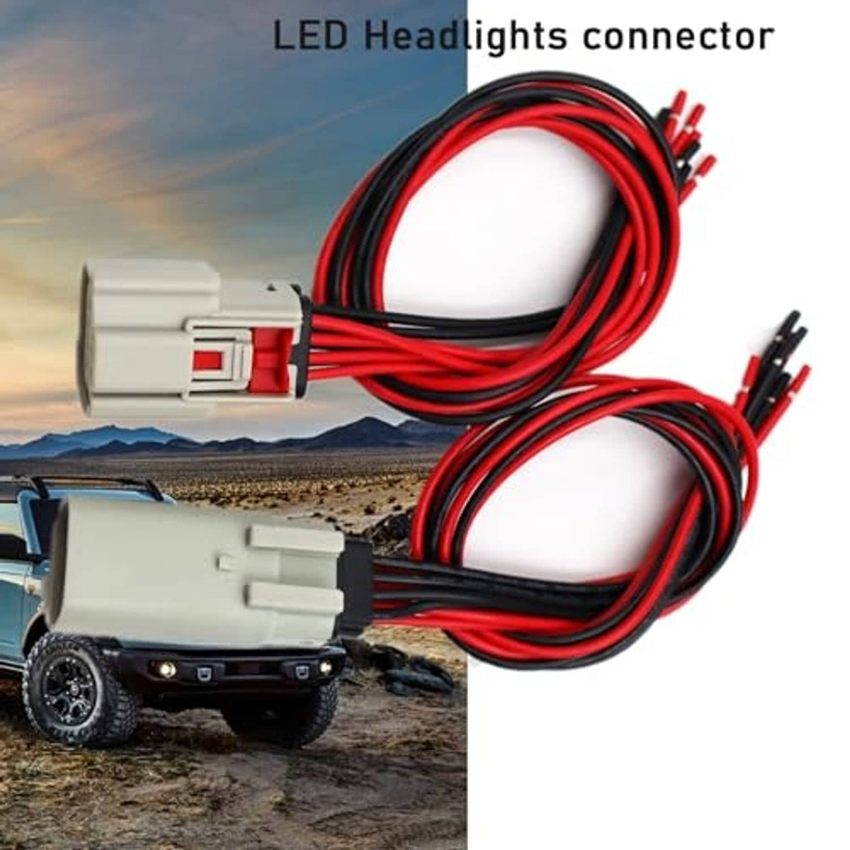LED headlight connector harness bundle with two white multi-pin plugs and red/black wire sets