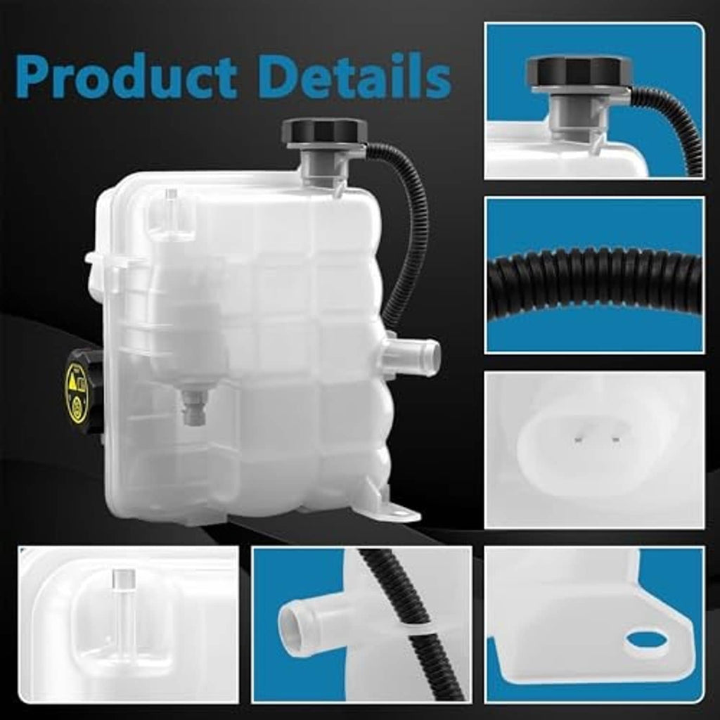 Radiator surge tank product details collage showing white reservoir and hose connections