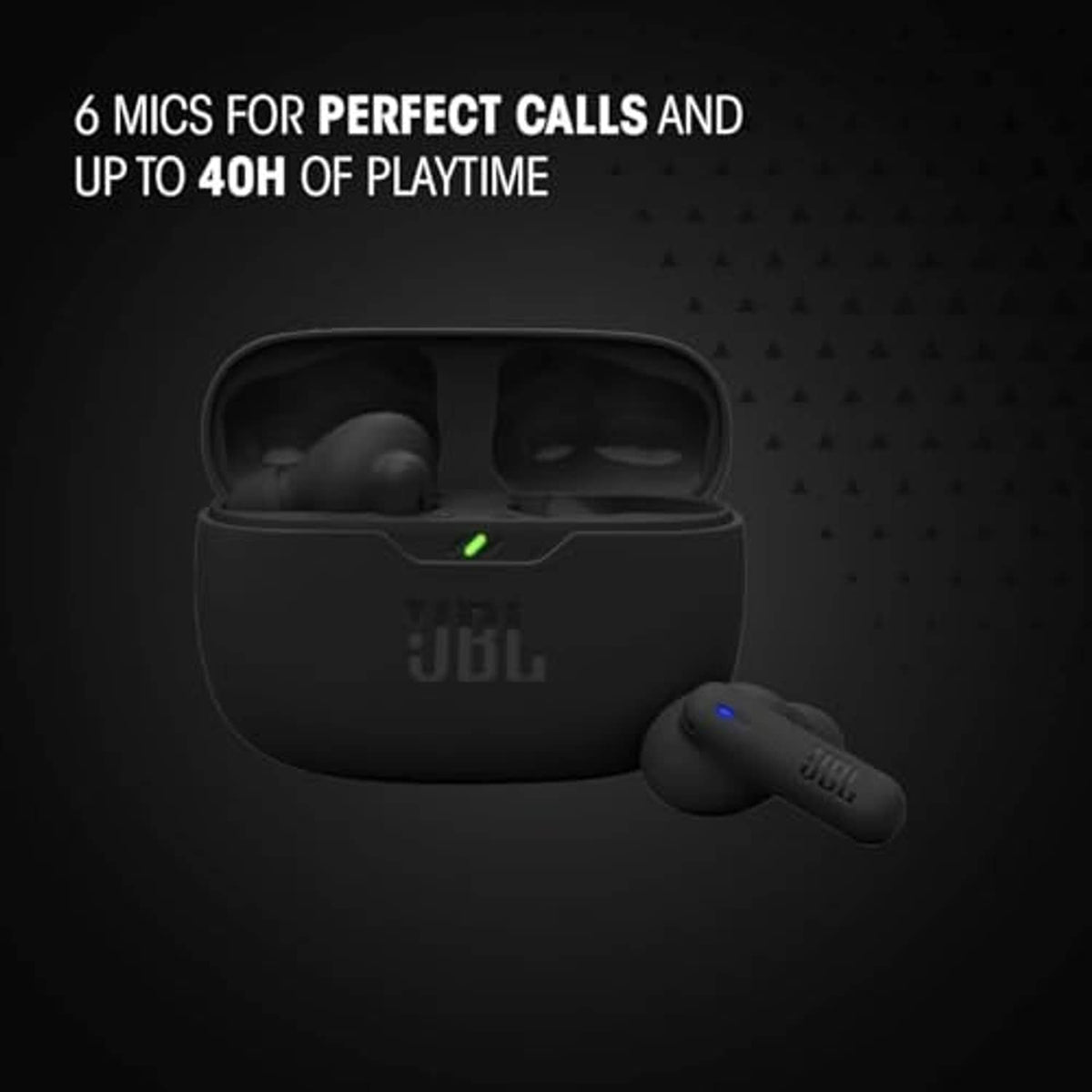 Black JBL true wireless earbuds and charging case with colored status lights