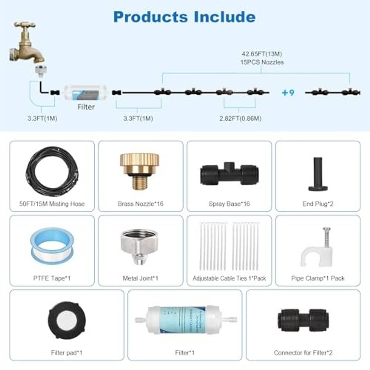 Outdoor patio misting kit parts set: 50ft hose, brass nozzle, ties, clamps, PTFE tape