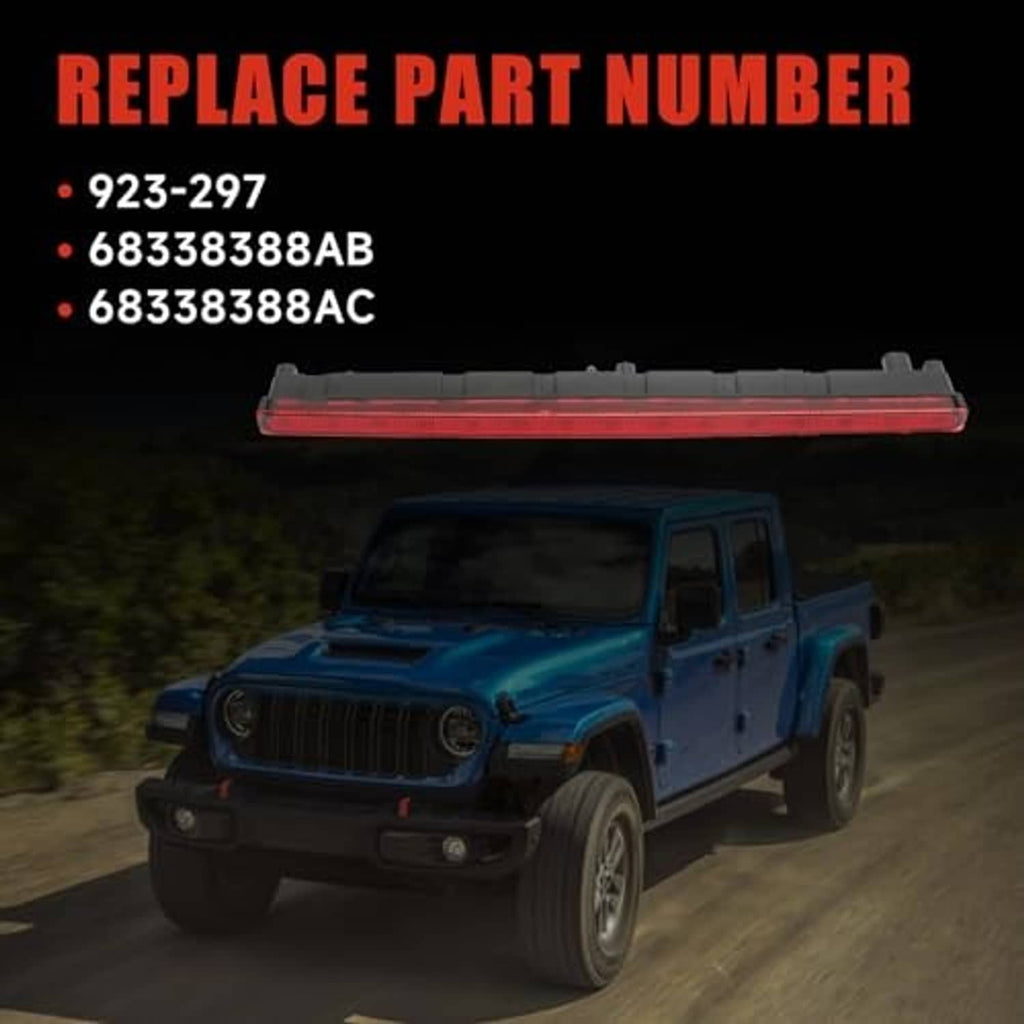 Center high mount third brake light bar with red lens and black support frame