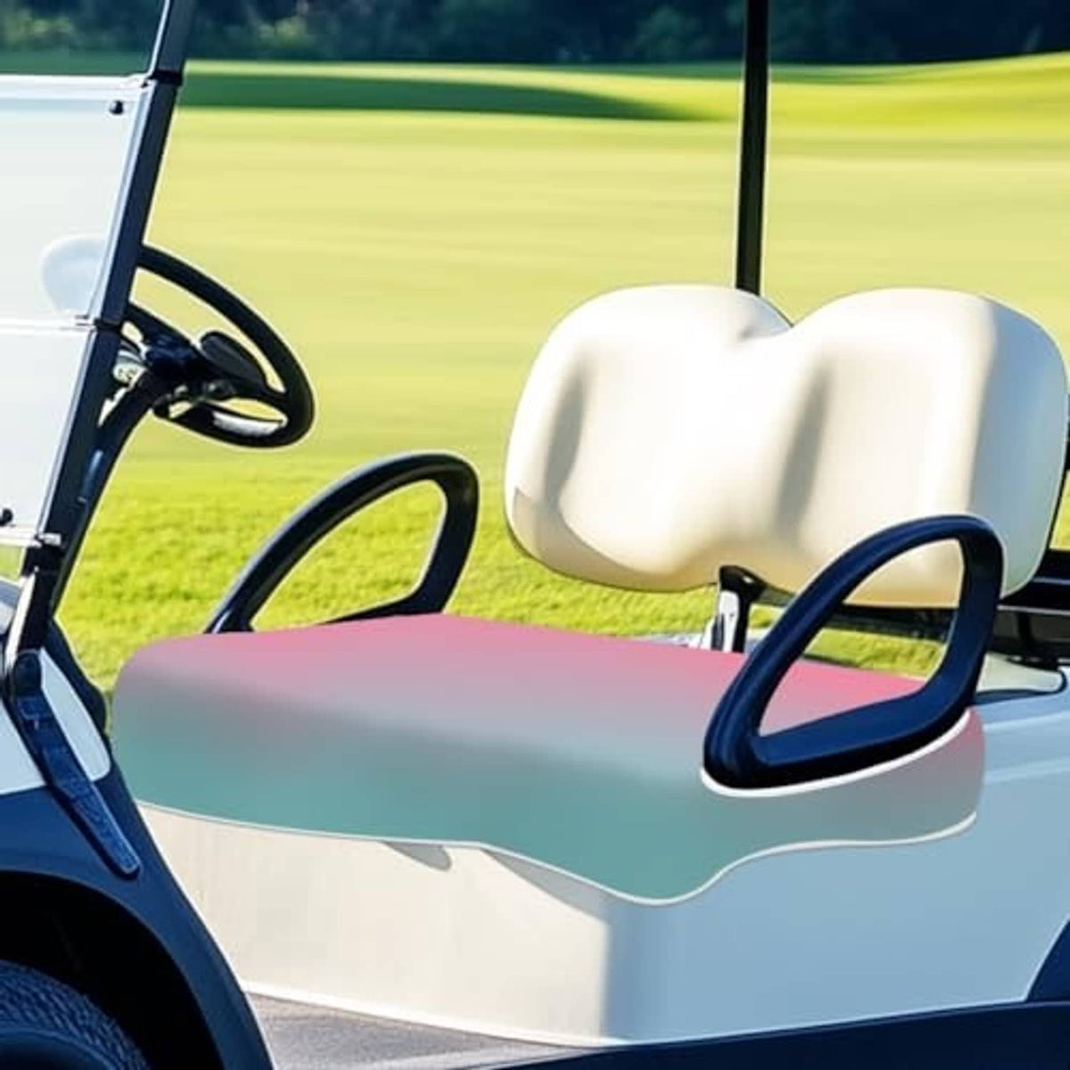 Golf cart seat cover towel in pink-to-teal ombre microfiber with armrest openings