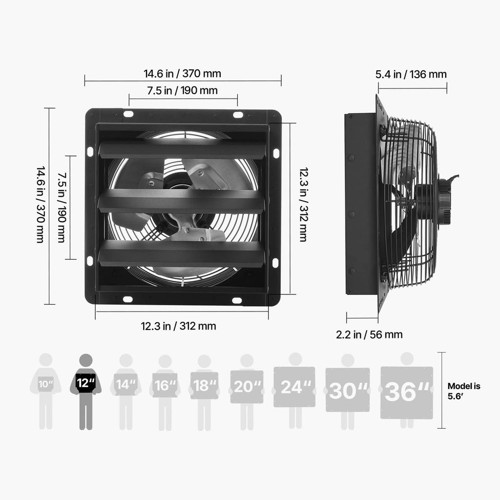 12-inch wall exhaust fan size diagram with 14.6 in width and 12.3 in height