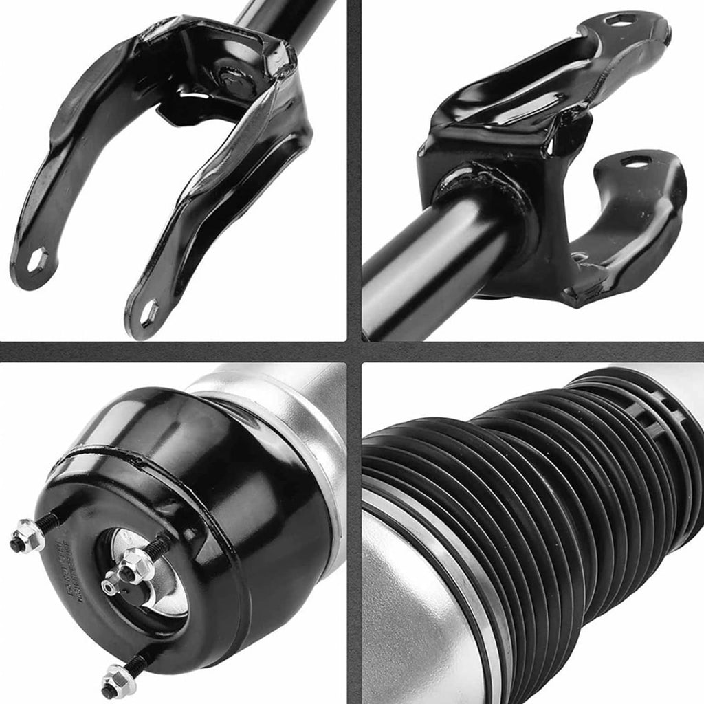 Front air suspension shock strut details: black mounting bracket and silver spring cylinder