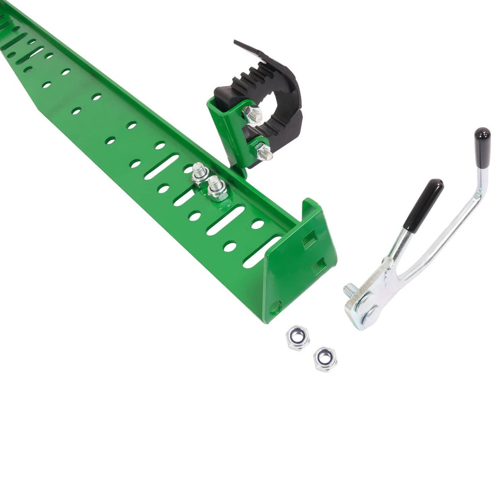 Green mounting bracket with black locking clamp and U-handle with washers