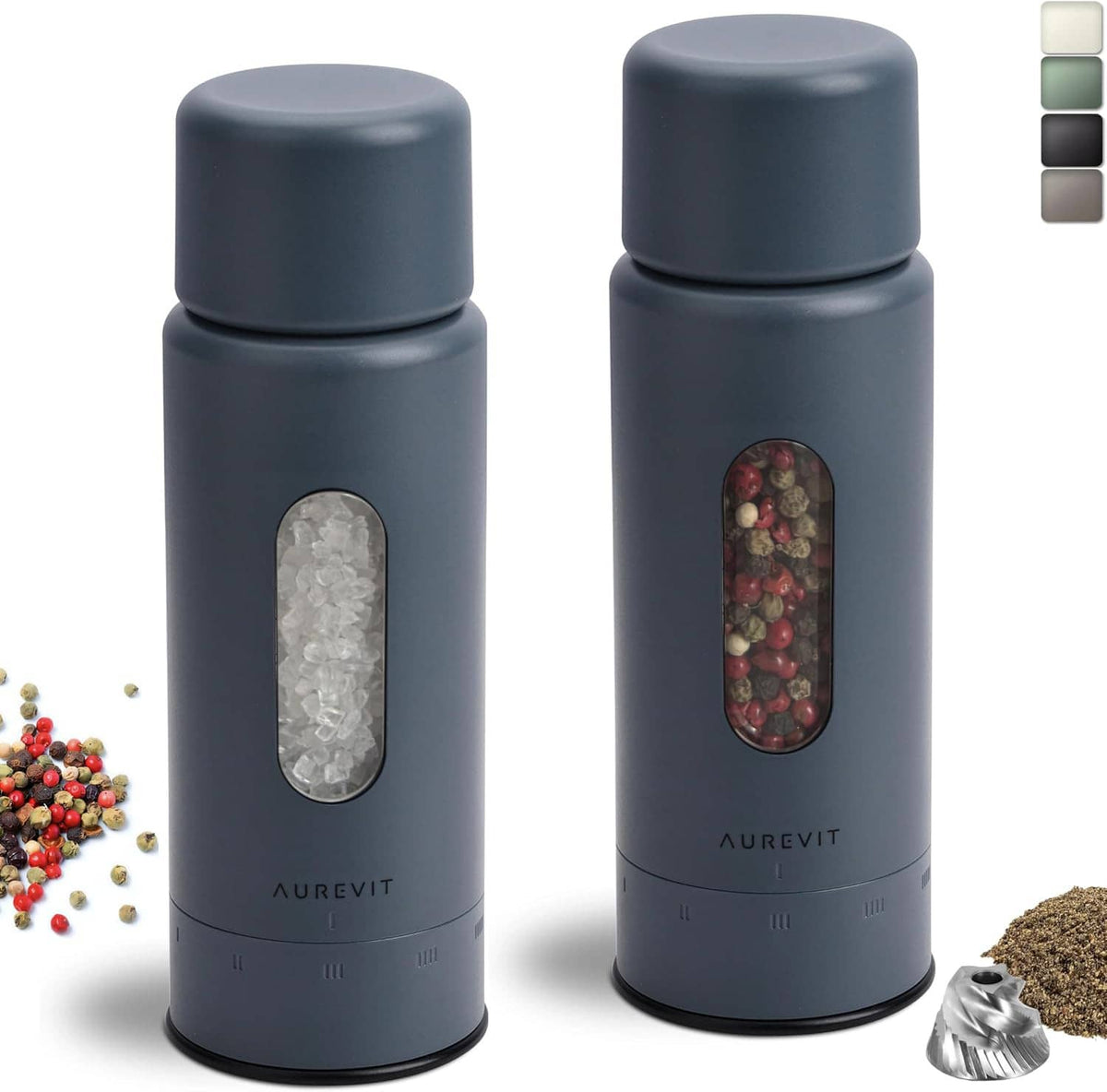 Salt and pepper grinder set front view with salt and pepper ingredient windows