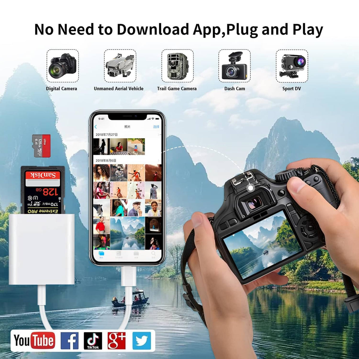 White USB-C 2-in-1 card reader with SD and microSD cards for plug-and-play use
