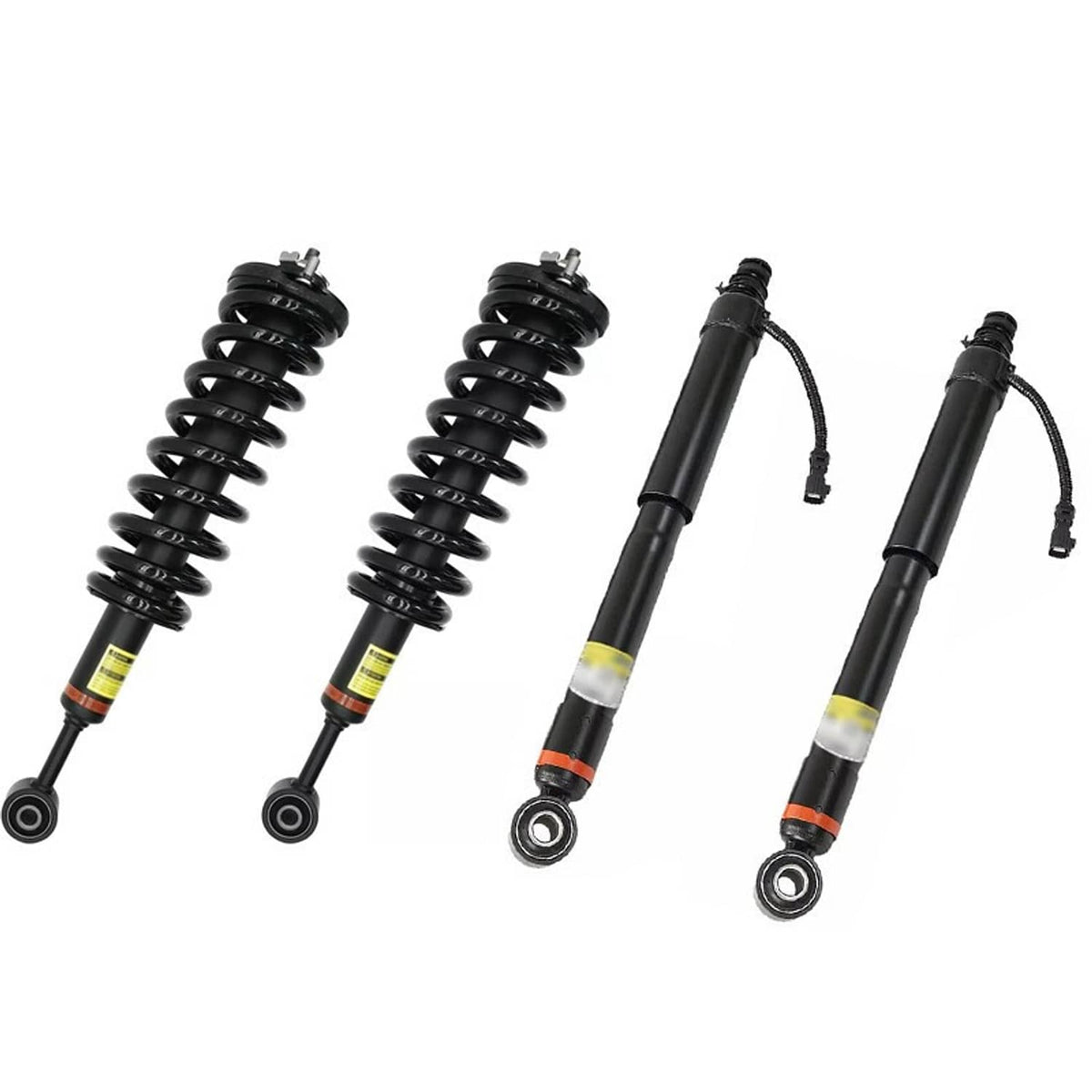 Set of four black shock strut assemblies with coil springs, boots, and rod-end bushings