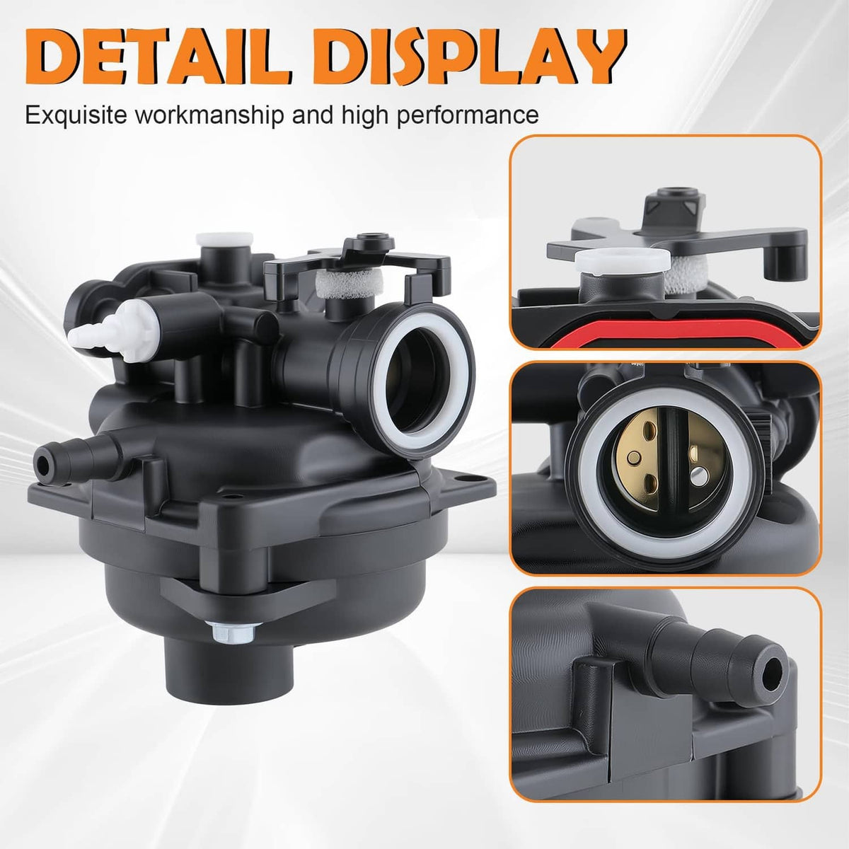 Black carburetor assembly with red gasket trim and visible metal fittings