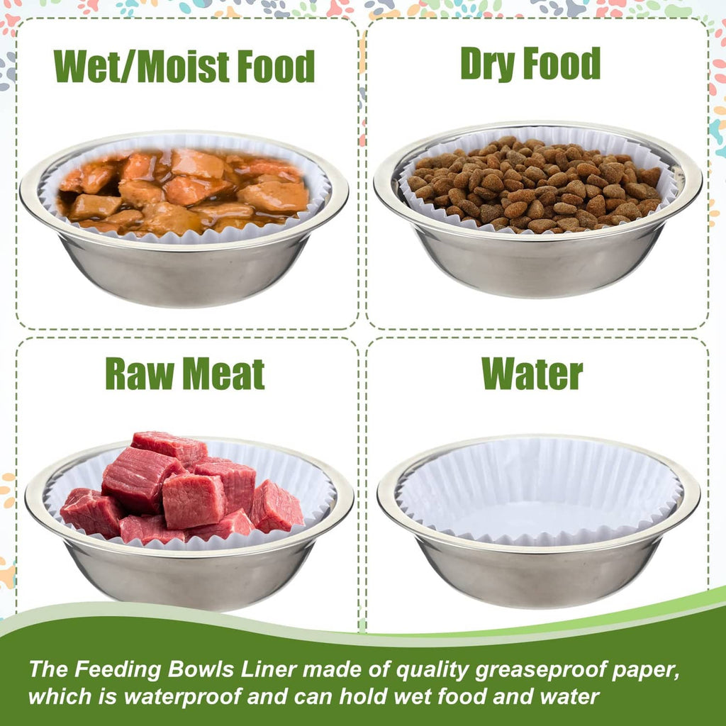 White disposable feeding bowl liners with metal bowls for wet, dry, and raw food