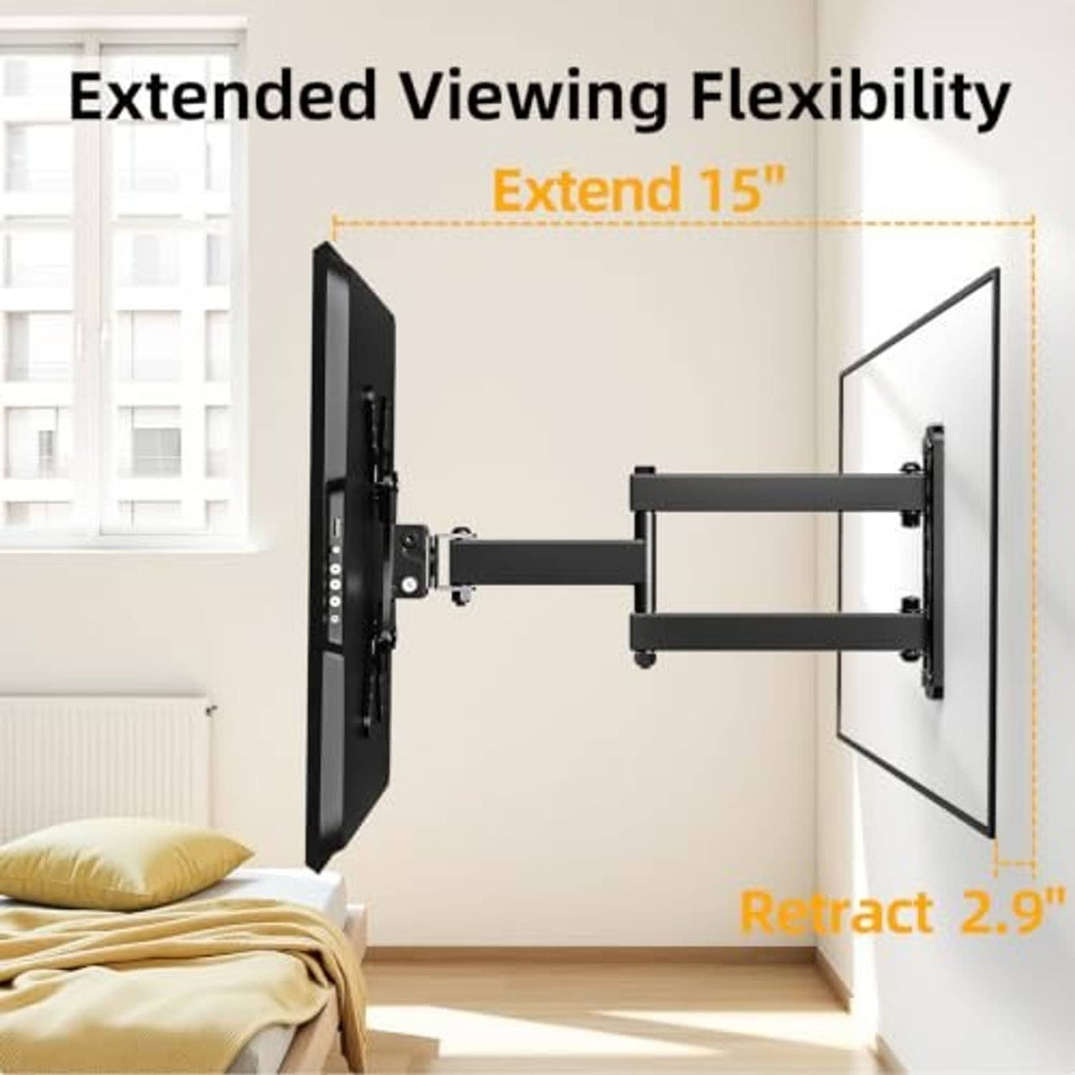 Full-motion TV wall mount with extendable arms positioned away from the wall