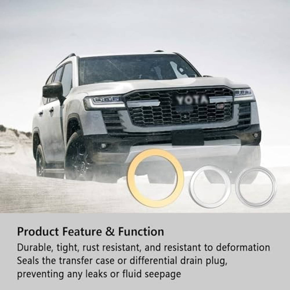 Oil drain plug crush washers with copper and silver round gaskets beside a vehicle
