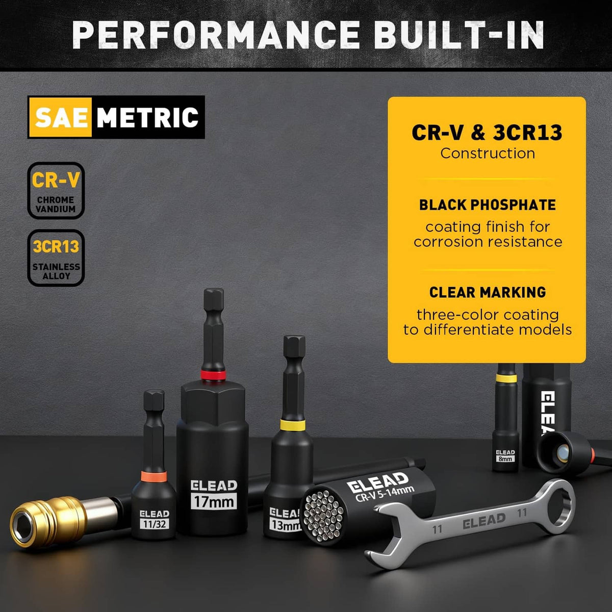 Magnetic nut driver and wrench set with black bits and CR-V style heads