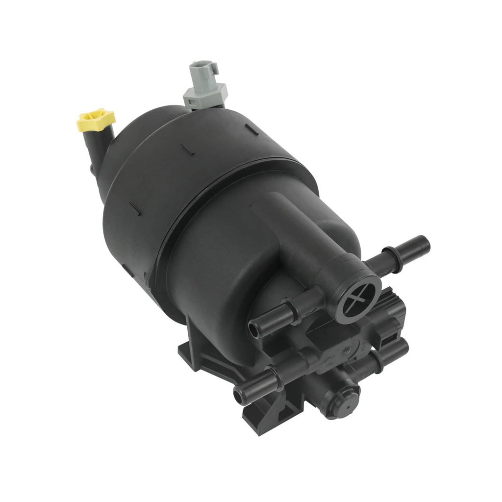 Black fuel pump assembly with two hose outlets and an electrical connector