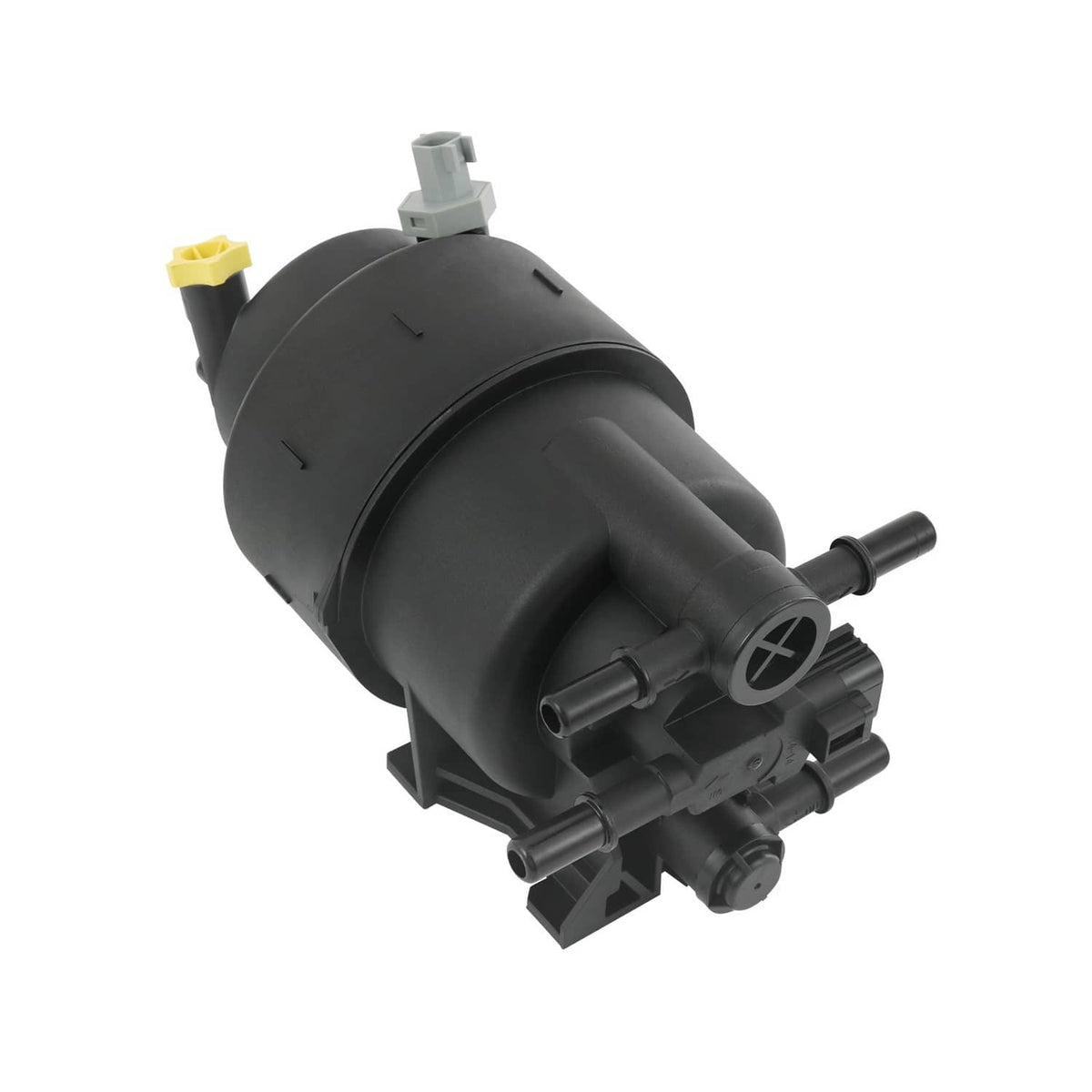Black fuel pump assembly with two hose outlets and an electrical connector