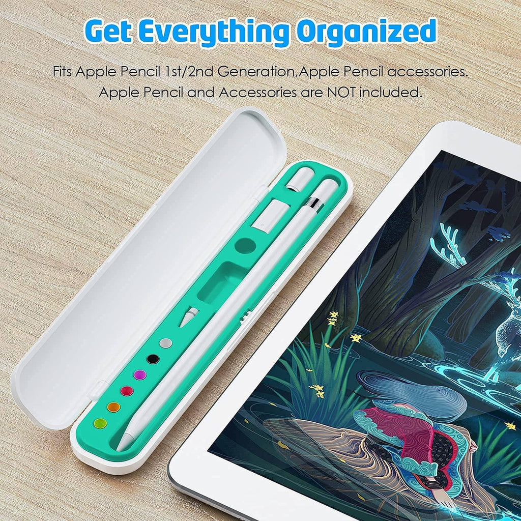 Teal and white stylus case opened, showing interior slots for stylus and tips