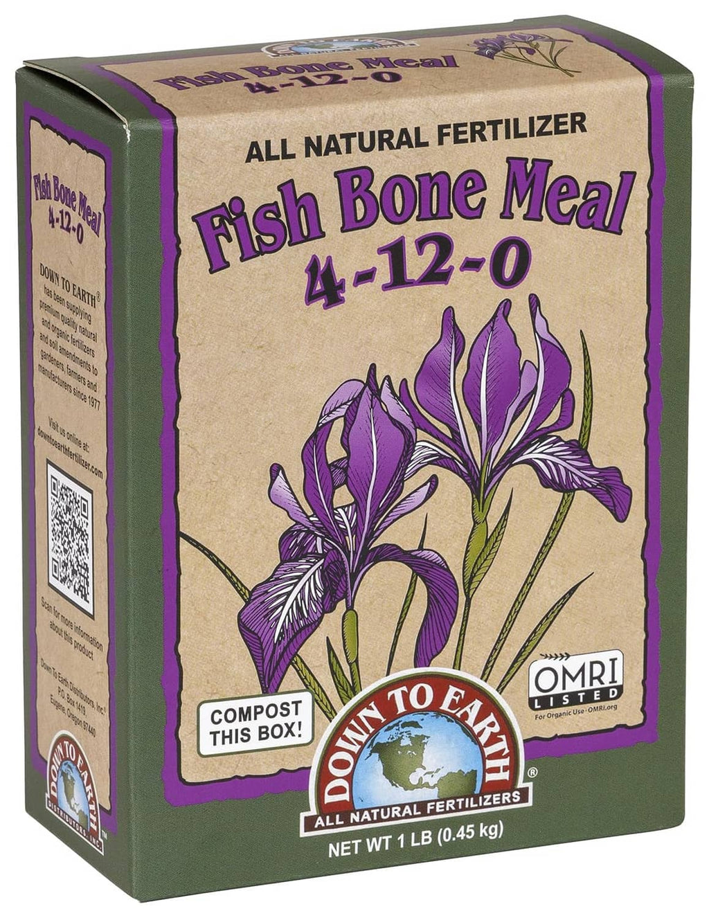 Fish bone meal fertilizer box 4-12-0 front panel with purple iris illustration